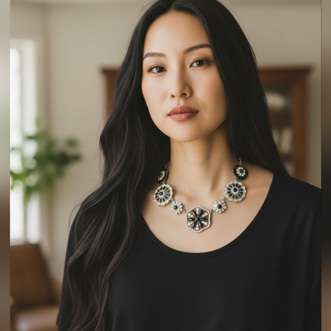 Susan Graver Black And Clear Crystals On A Silver Statement Necklace